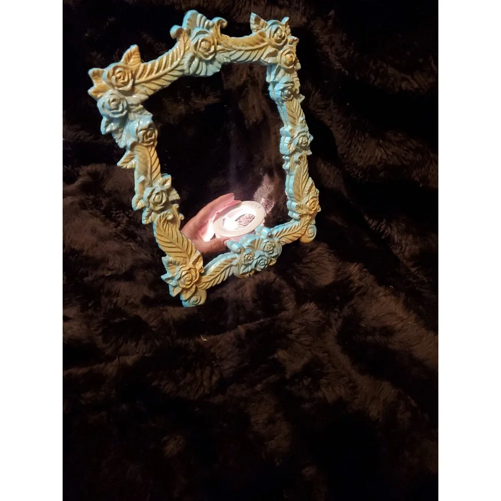 Vintage Cast Iron Vanity Mirror Ornate French Victorian Tabletop Turquoise/Beige